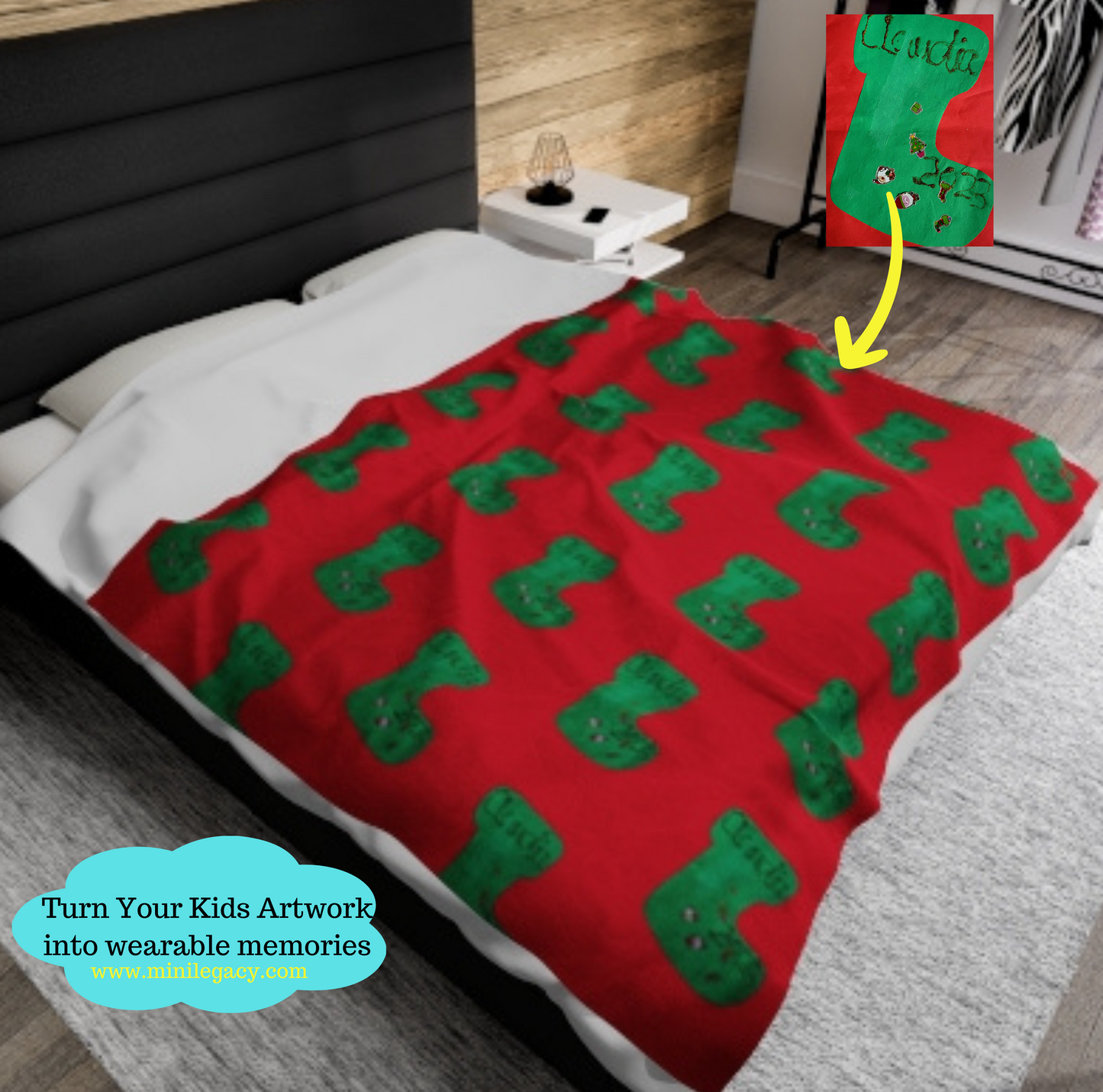 Green Socks Kid's Artwork Personalized Blanket, Daycare blanket, kid's room blanket.