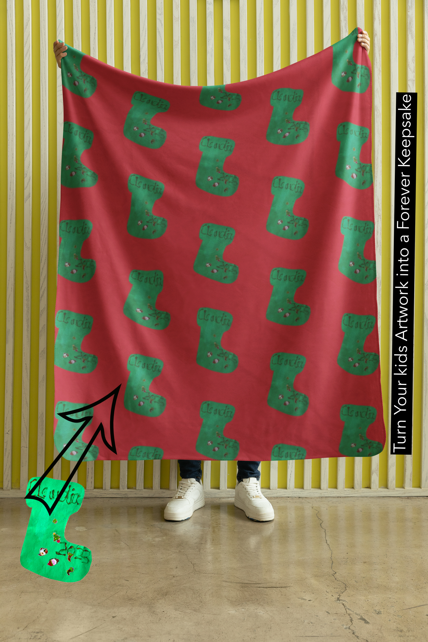 Green Socks Kid's Artwork Personalized Blanket, Daycare blanket, kid's room blanket.